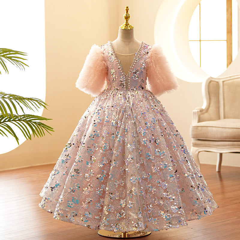 Robe de Soirée Princesse à Manches Volantées et Longueur Au Sol avec Strass et Perles