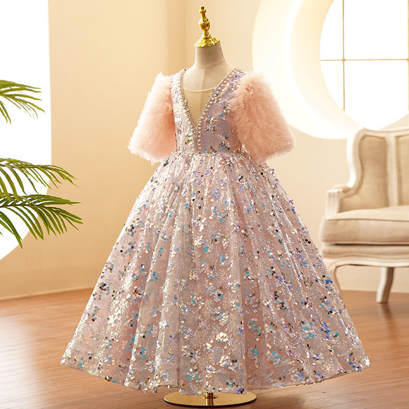 Robe de Soirée Princesse à Manches Volantées et Longueur Au Sol avec Strass et Perles
