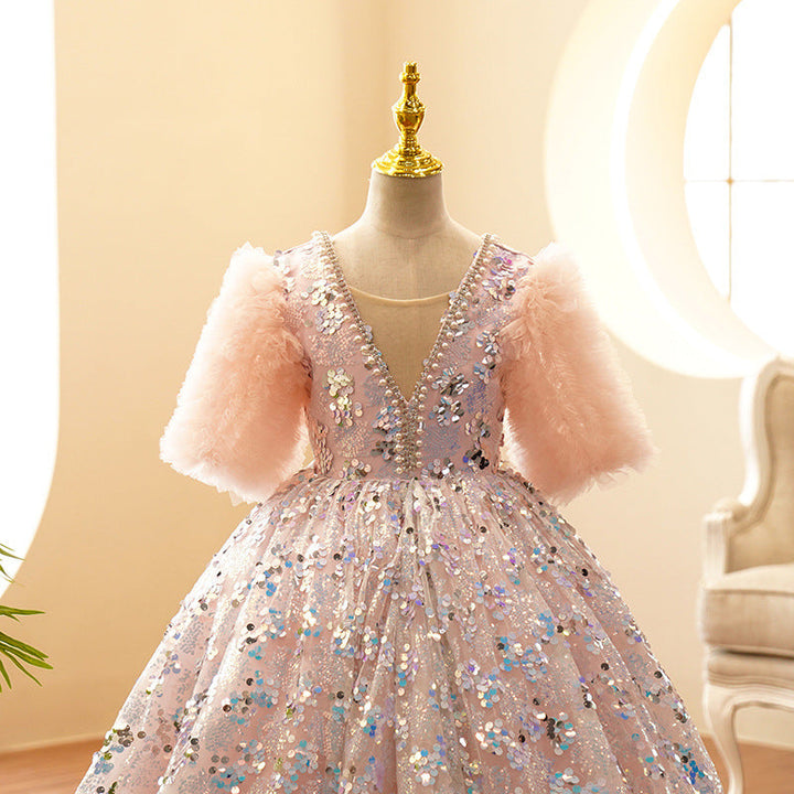 Robe de Soirée Princesse à Manches Volantées et Longueur Au Sol avec Strass et Perles