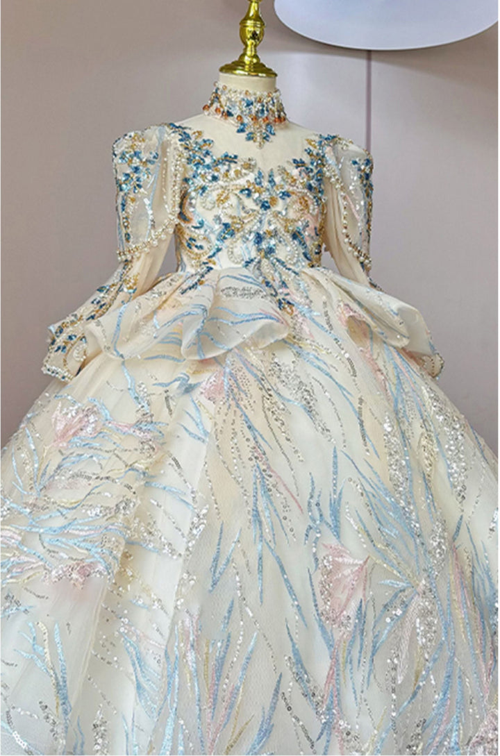 Robes de Demoiselle D'Honneur à Col Haut et Manches Longues avec Broderies et Appliques en Strass