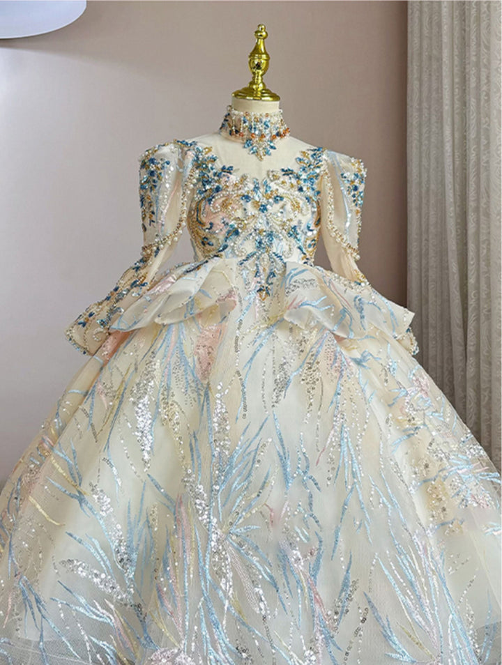 Robes de Demoiselle D'Honneur à Col Haut et Manches Longues avec Broderies et Appliques en Strass