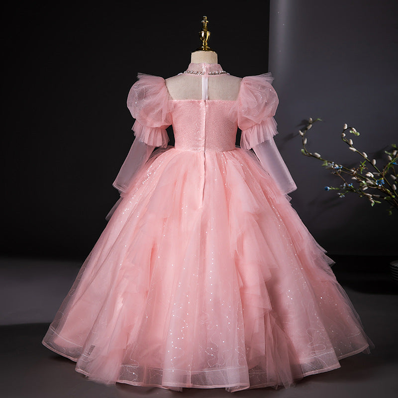 Robe de Soirée à Col Haut et Manches Longues pour Fille avec Appliques en Strass
