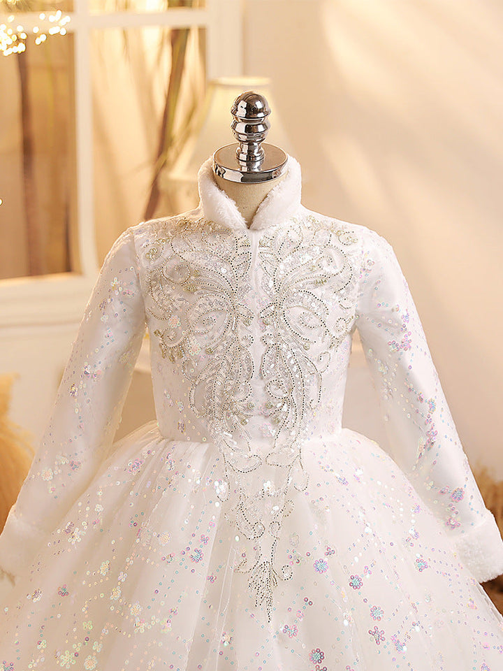 Robe de Bal à Manches Longues pour Fille Brillante, Robe de Soirée D'Hiver avec Appliques en Cristal