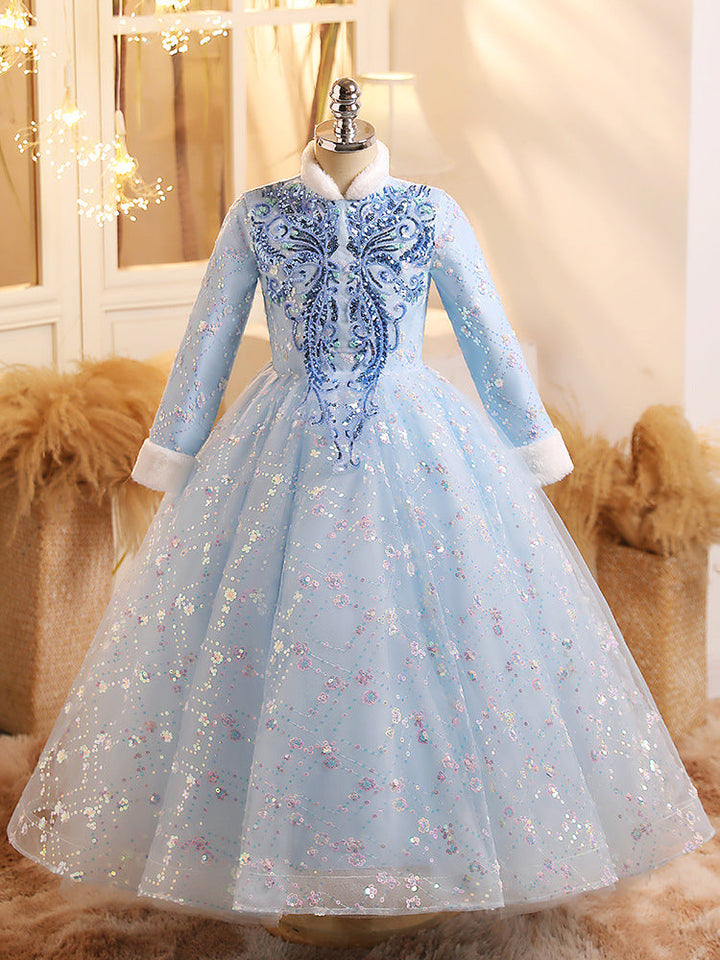 Robe de Bal à Manches Longues pour Fille Brillante, Robe de Soirée D'Hiver avec Appliques en Cristal