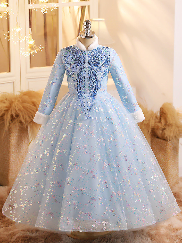 Robe de Bal à Manches Longues pour Fille Brillante, Robe de Soirée D'Hiver avec Appliques en Cristal