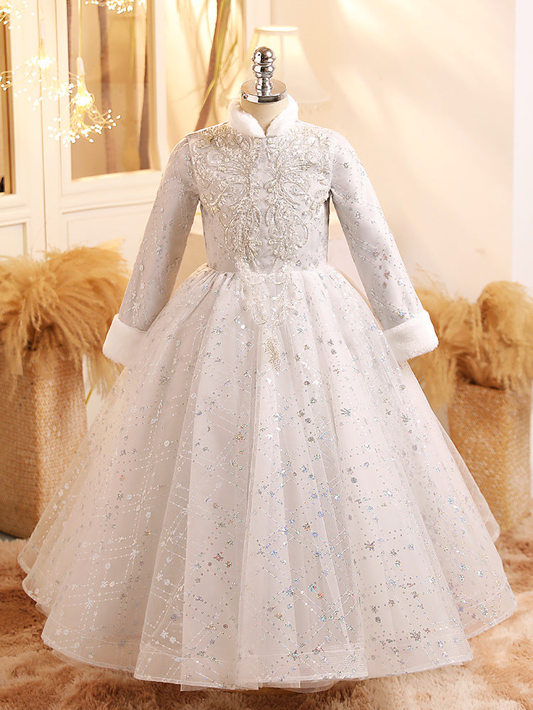 Robe de Bal à Manches Longues pour Fille Brillante, Robe de Soirée D'Hiver avec Appliques en Cristal