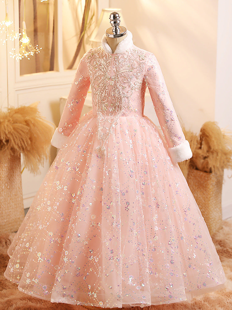 Robe de Bal à Manches Longues pour Fille Brillante, Robe de Soirée D'Hiver avec Appliques en Cristal