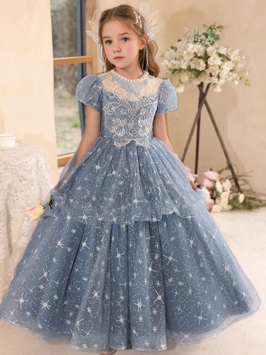 Robe de Bal à Manches Courtes et Col Rond avec Perles et Strass pour Fille