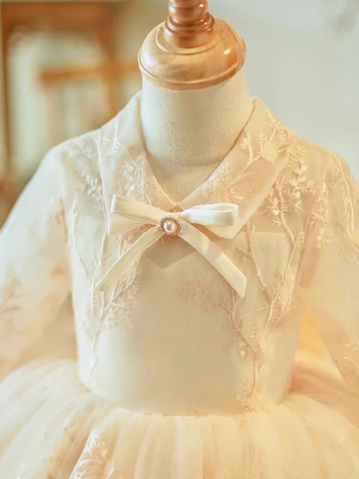 Robe de Soirée en Dentelle à Manches Longues et Longueur Genou pour Fille avec Nœud