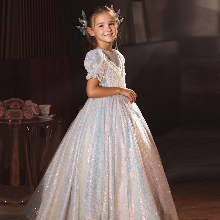 Robe de Soirée A-Line/Princess à Manches Courtes et Brillante pour Fille avec Appliques en Strass