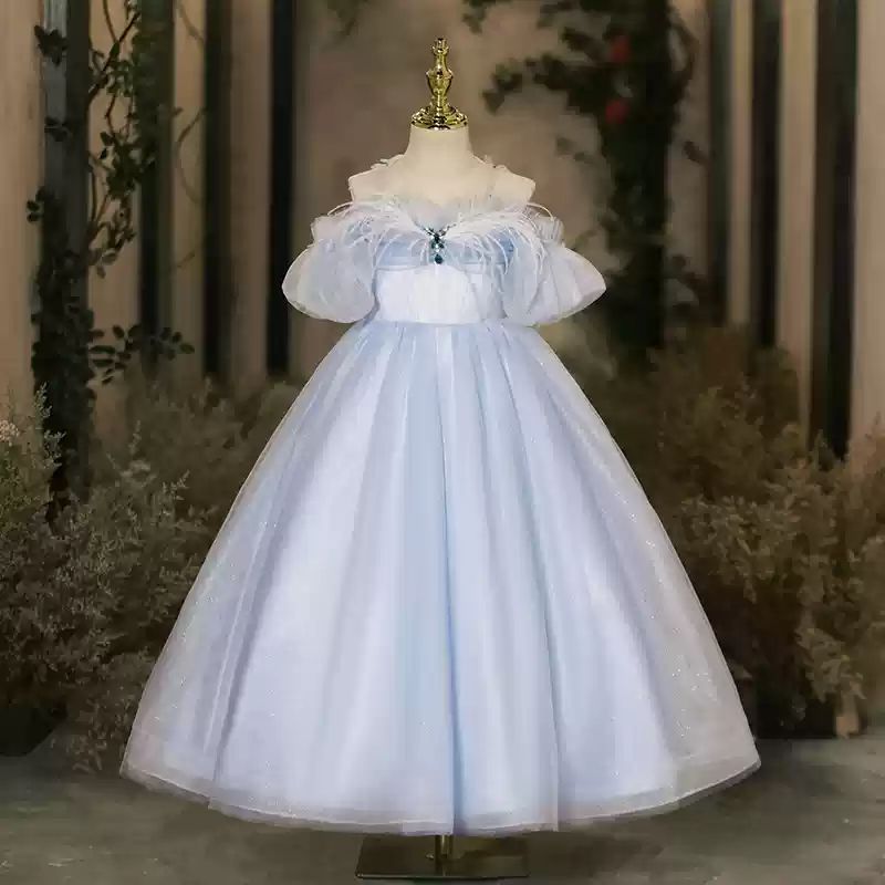Robe de Soirée Longue à Épaules Dénudées en Forme de A/Princesse pour Fille avec Plumes