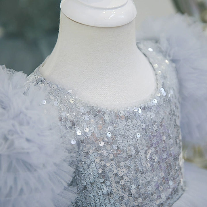 Robe de Soirée à Paillettes pour Fille, Longueur Thé, Col Rond, Manches Courtes, Superposée