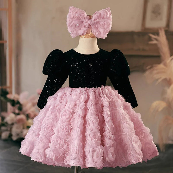 Robe de Soirée à Manches Longues et Col Rond pour Fille avec Fleurs Froncées