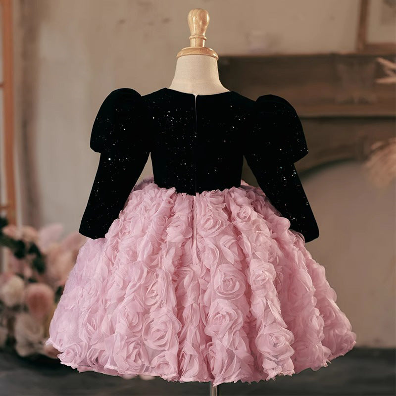 Robe de Soirée à Manches Longues et Col Rond pour Fille avec Fleurs Froncées
