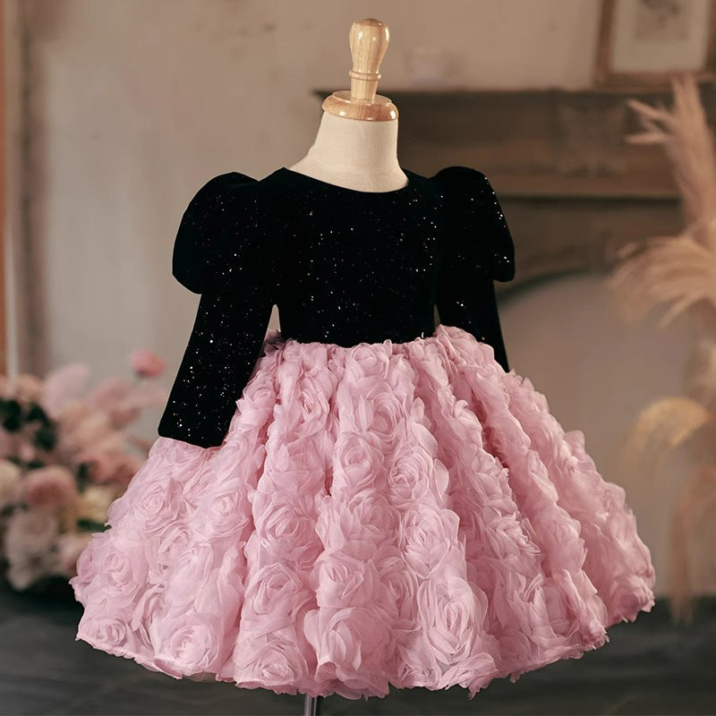 Robe de Soirée à Manches Longues et Col Rond pour Fille avec Fleurs Froncées