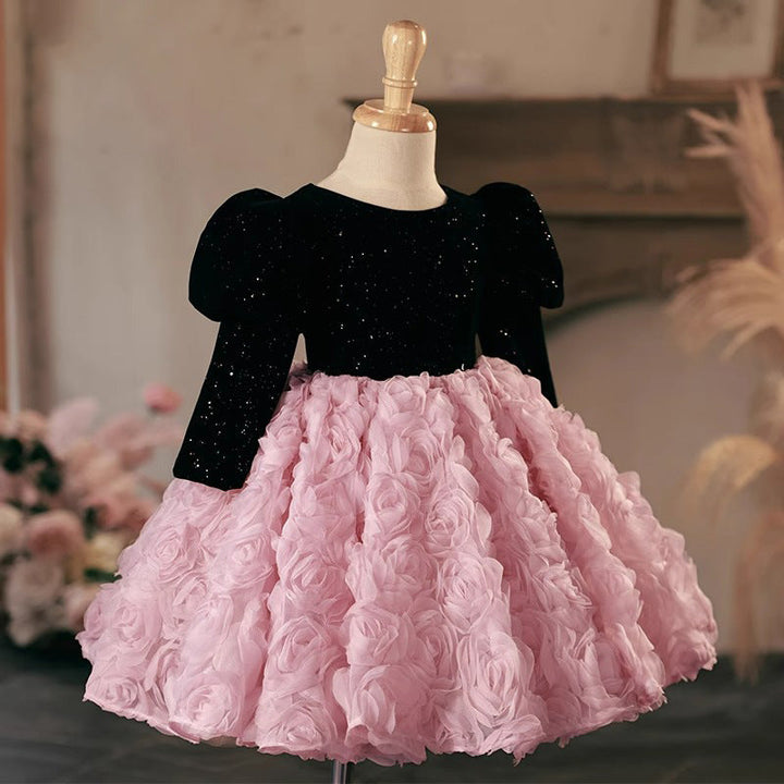 Robe de Soirée à Manches Longues et Col Rond pour Fille avec Fleurs Froncées