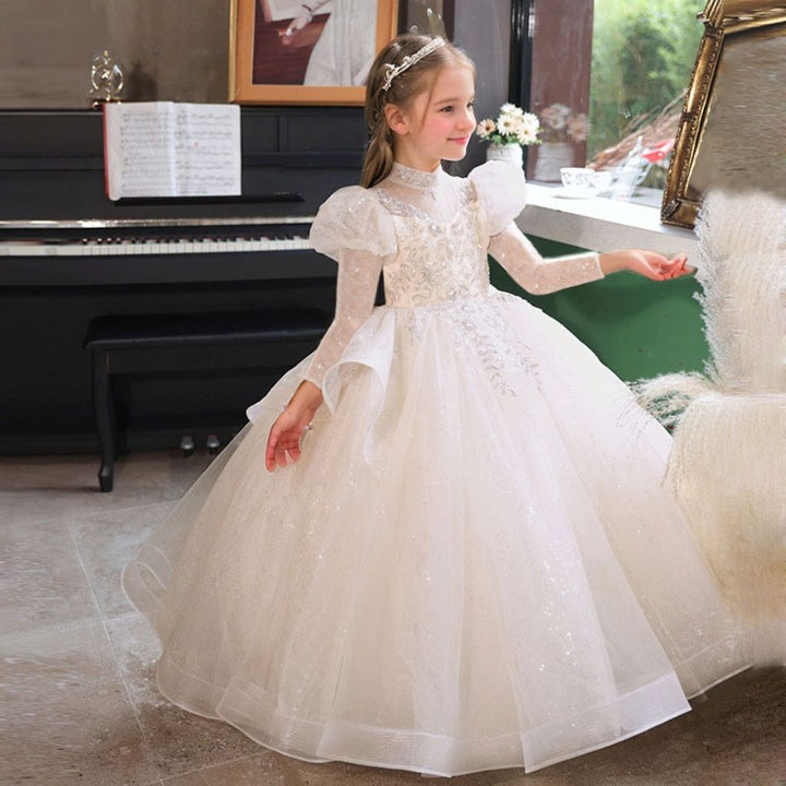 Robe de Soirée à Manches Longues et Col Haut pour Fille avec Appliques en Strass