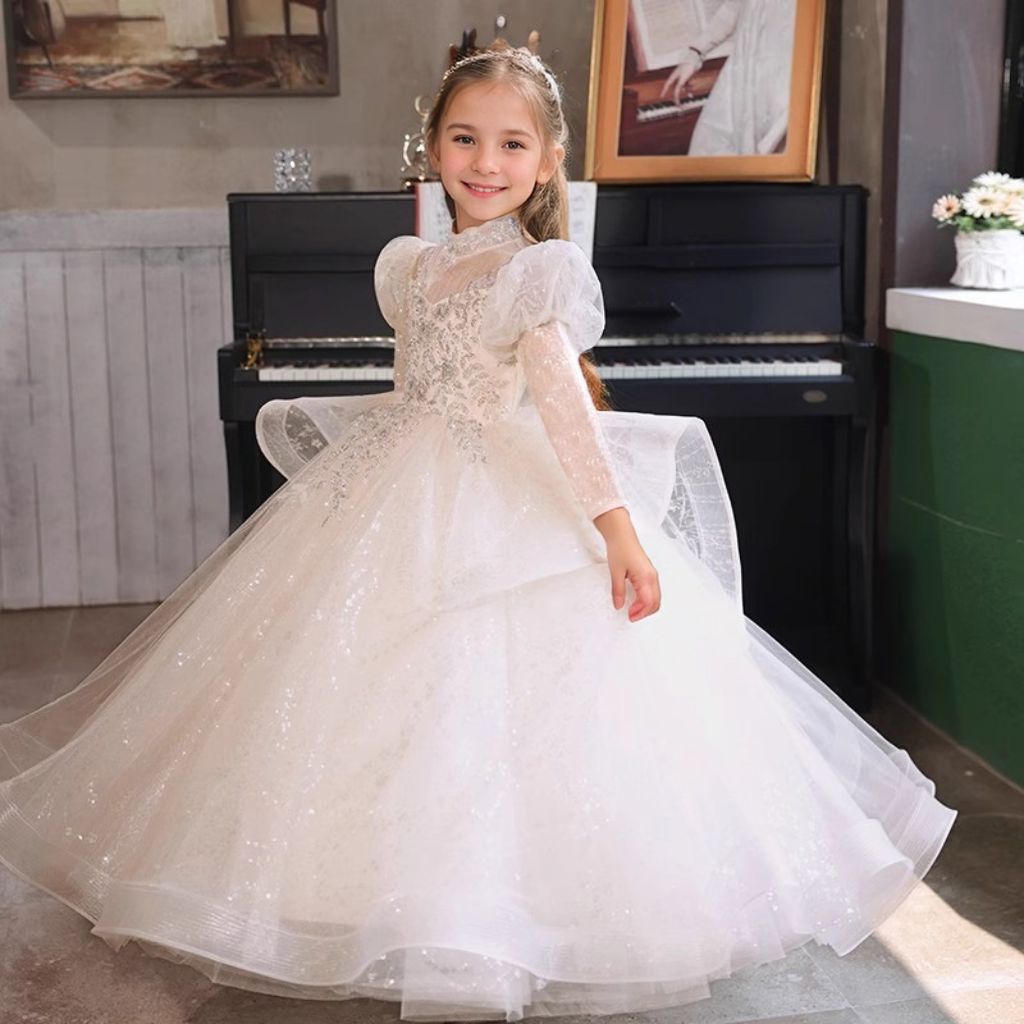 Robe de Soirée à Manches Longues et Col Haut pour Fille avec Appliques en Strass