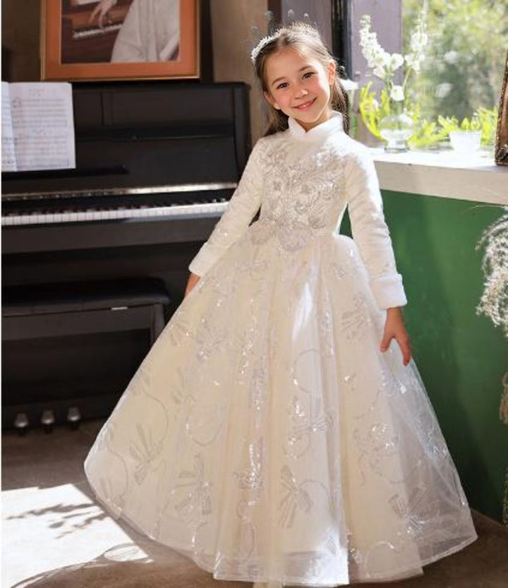 Robe de Soirée Trapèze D'Hiver à Manches Longues et Col Haut pour Fille avec Appliques en Strass