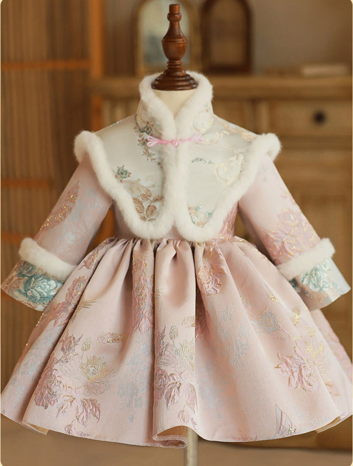 Robe D'Hiver à Manches Longues et Col Haut pour Bébé Fille avec Broderie et Écharpe Amovible