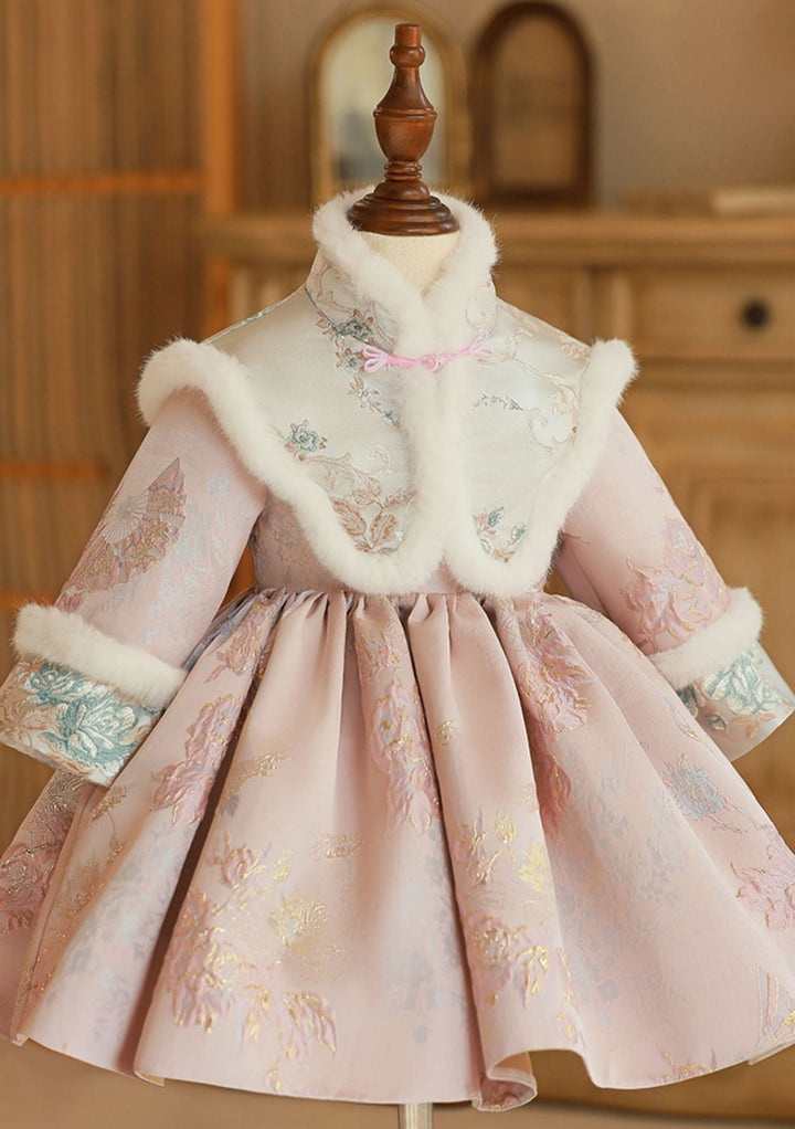 Robe D'Hiver à Manches Longues et Col Haut pour Bébé Fille avec Broderie et Écharpe Amovible