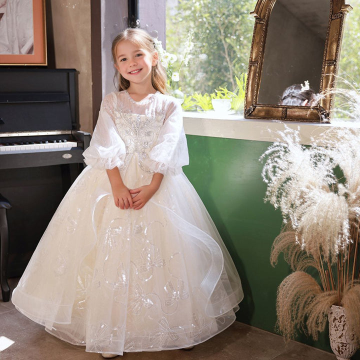 Robe de Soirée A-Line/Princess à Manches 3/4 en Dentelle avec Appliques en Strass pour Fille