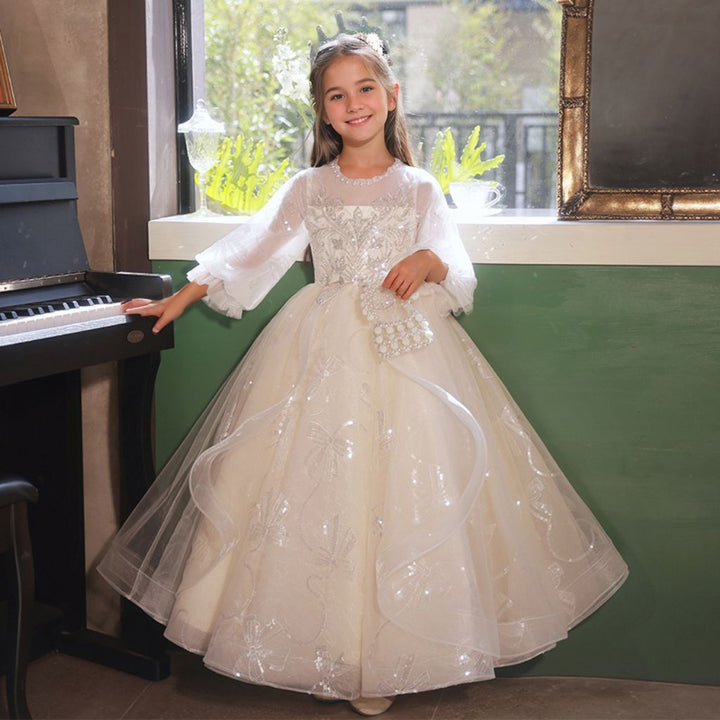 Robe de Soirée A-Line/Princess à Manches 3/4 en Dentelle avec Appliques en Strass pour Fille