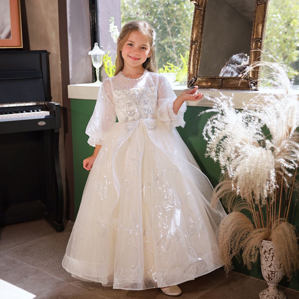 Robe de Soirée A-Line/Princess à Manches 3/4 en Dentelle avec Appliques en Strass pour Fille