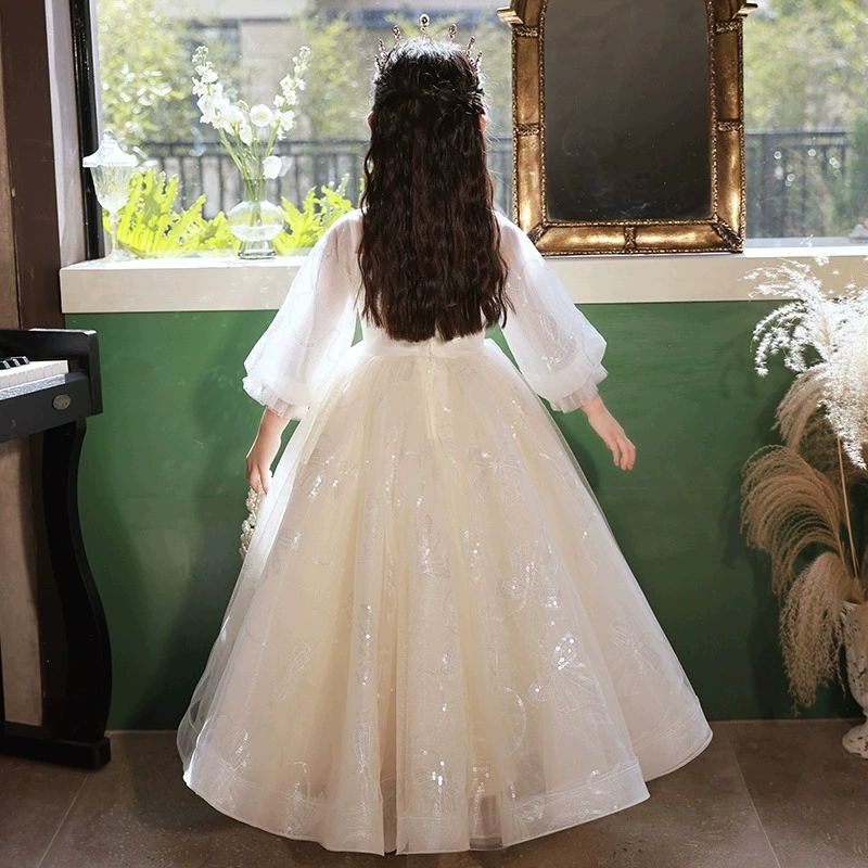 Robe de Soirée A-Line/Princess à Manches 3/4 en Dentelle avec Appliques en Strass pour Fille