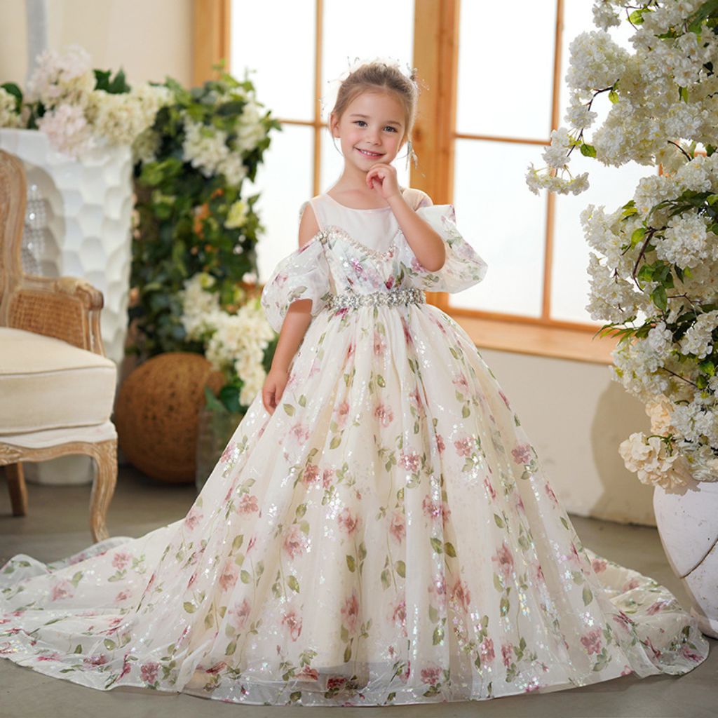 Robe de Soirée Princesse à Épaules Dénudées avec Ceinture en Strass et Traîne