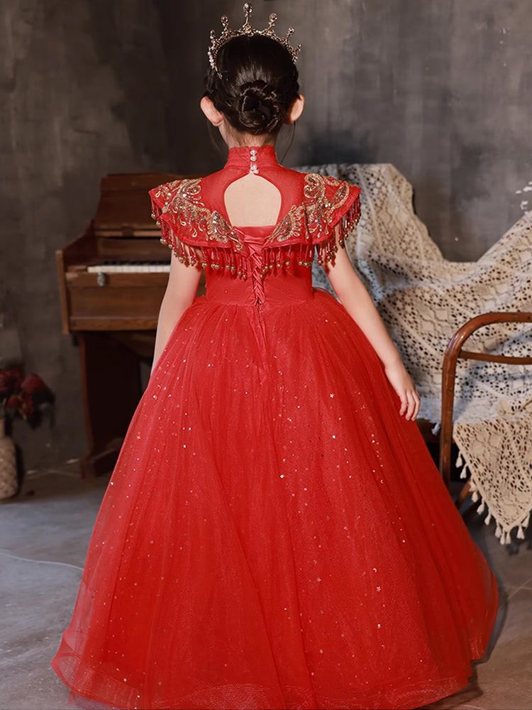 Robes de Soirée Traditionnelles pour Filles à Fleurs, Longueur Au Sol, Col Haut, avec Appliques en Strass