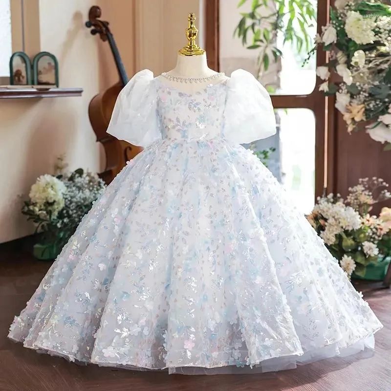 Robe de Soirée Princesse à Manches Courtes pour Fille avec Appliques de Fleurs en Cristal