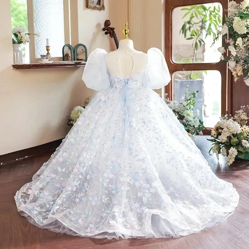 Robe de Soirée Princesse à Manches Courtes pour Fille avec Appliques de Fleurs en Cristal