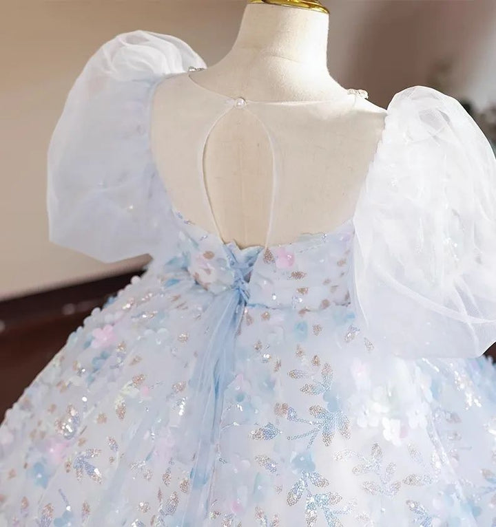 Robe de Soirée Princesse à Manches Courtes pour Fille avec Appliques de Fleurs en Cristal