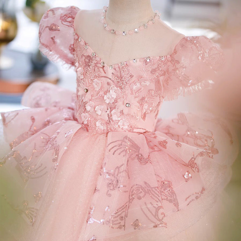 Robe de Soirée à Col Rond et Manches Courtes pour Fille avec Strass et Fleurs