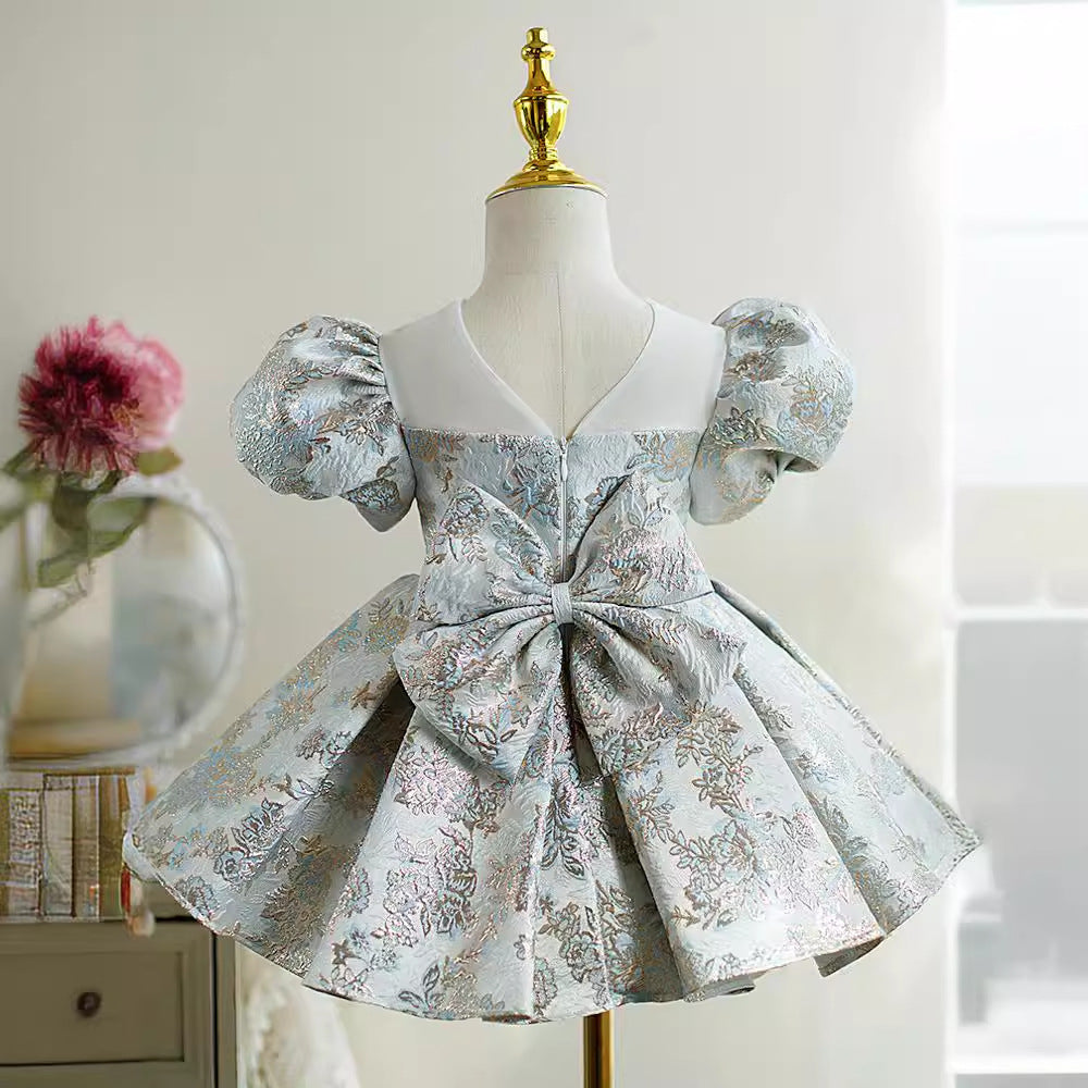 Robe de Soirée pour Bébé Fille, Longueur Genou, Col Rond, Manches Courtes, Broderie, avec Nœud