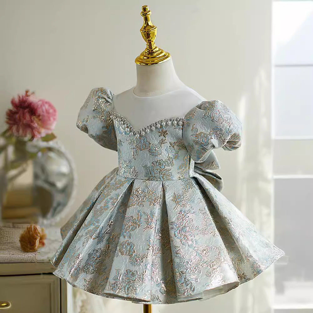 Robe de Soirée pour Bébé Fille, Longueur Genou, Col Rond, Manches Courtes, Broderie, avec Nœud