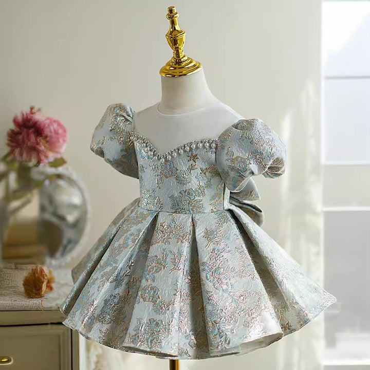 Robe de Soirée pour Bébé Fille, Longueur Genou, Col Rond, Manches Courtes, Broderie, avec Nœud