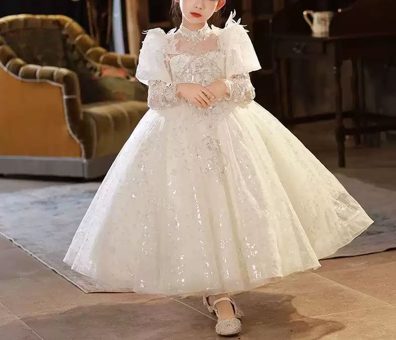 Robe de Soirée Princesse à Manches 3/4 pour Fille avec Appliques en Strass et Nœud