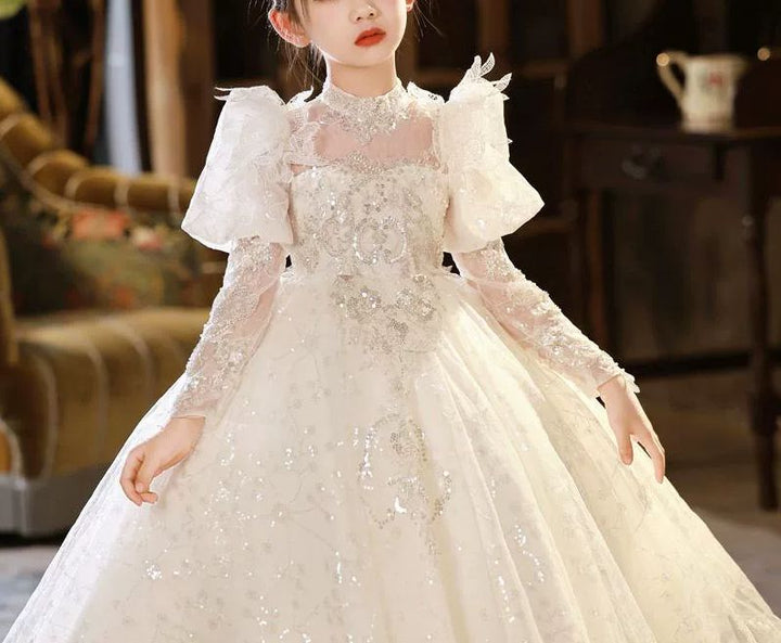 Robe de Soirée Princesse à Manches 3/4 pour Fille avec Appliques en Strass et Nœud