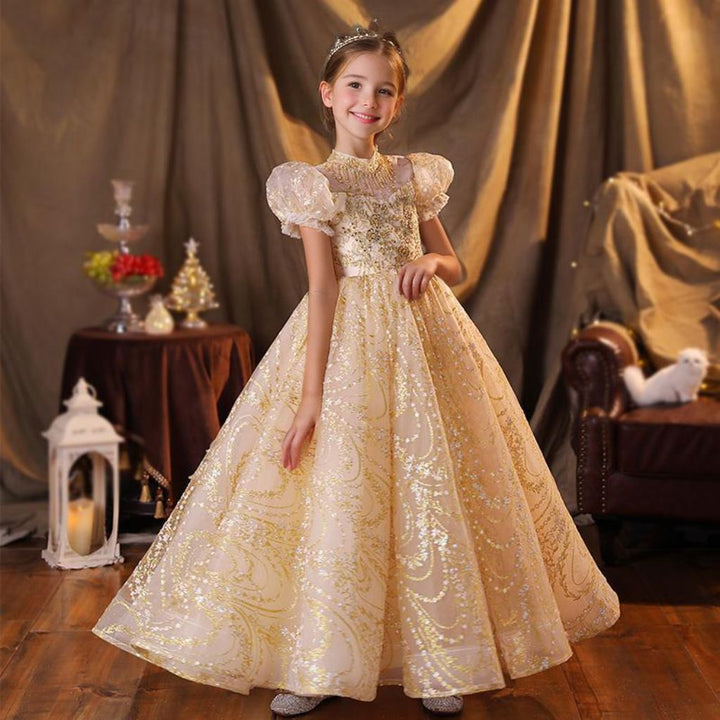 Robe de Soirée Trapèze/Princesse à Manches Courtes et Longueur Au Sol pour Fille avec Appliques en Strass