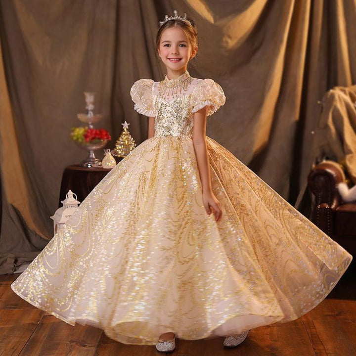 Robe de Soirée Trapèze/Princesse à Manches Courtes et Longueur Au Sol pour Fille avec Appliques en Strass