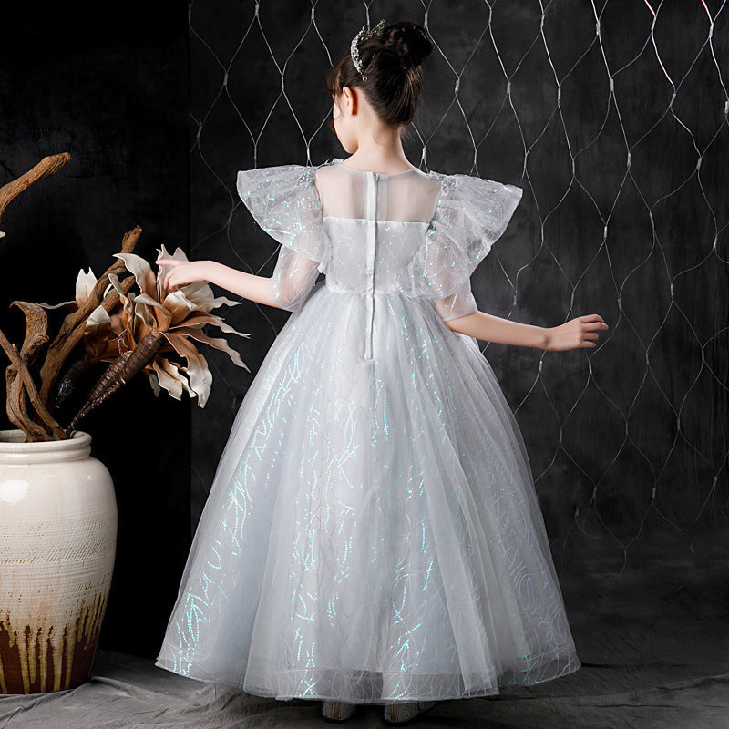 Robe de Bal à Manches Courtes avec Appliques de Fleurs en Strass et Plumes pour Fille