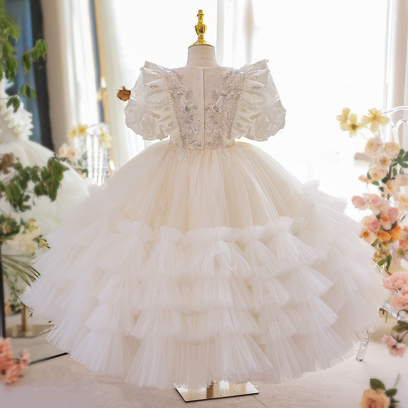Robe de Soirée à Manches Courtes pour Fille avec Appliques en Dentelle Perlée