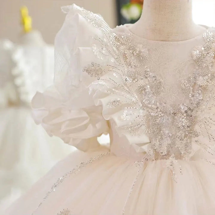 Robe de Soirée à Manches Courtes pour Fille avec Appliques en Dentelle Perlée