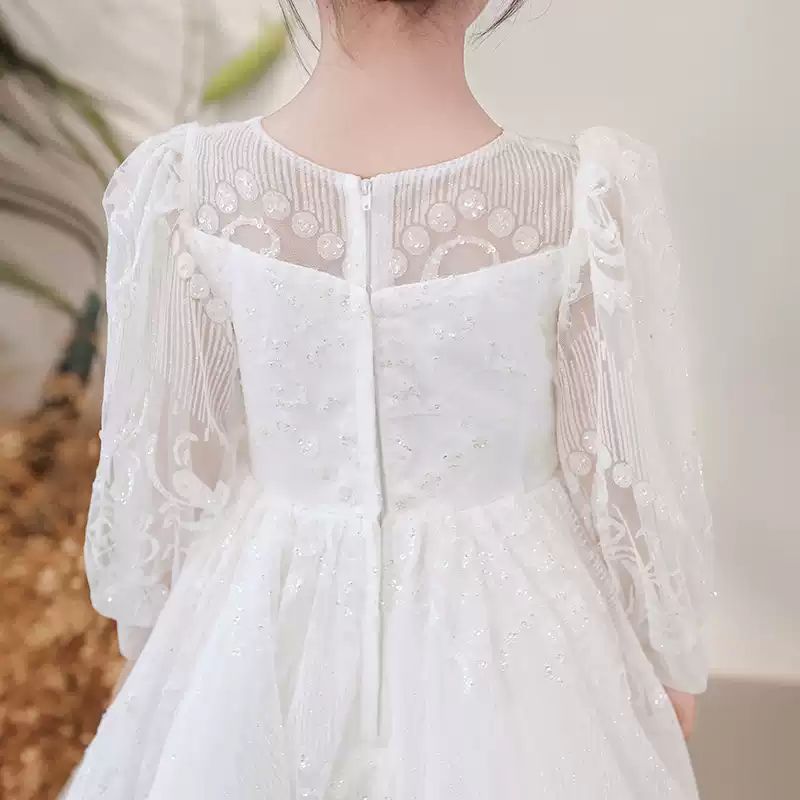 Robe de Soirée en Dentelle à Col Rond et Manches Longues pour Fille de Fleur