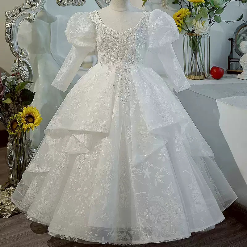 Robe de Bal à Manches Longues en Dentelle avec Appliques en Cristal pour Fille