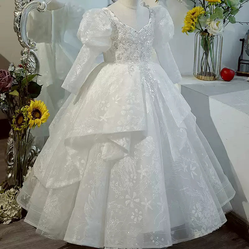 Robe de Bal à Manches Longues en Dentelle avec Appliques en Cristal pour Fille