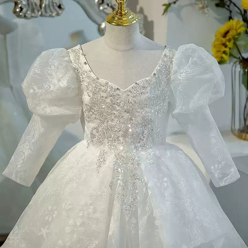 Robe de Bal à Manches Longues en Dentelle avec Appliques en Cristal pour Fille