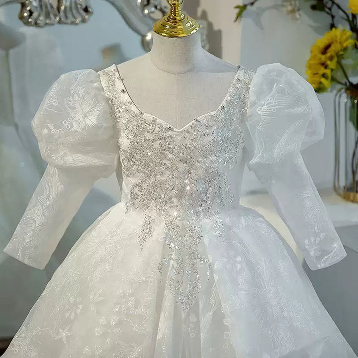 Robe de Bal à Manches Longues en Dentelle avec Appliques en Cristal pour Fille